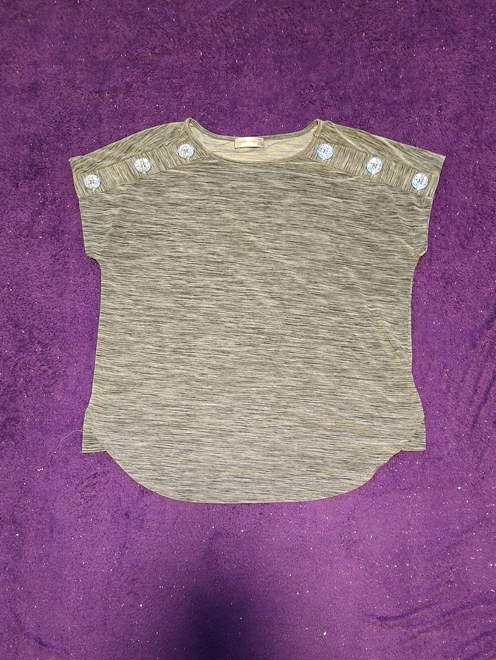 Casual Heathered Taupe Short Sleeve Blouse with Shoulder Embellishments